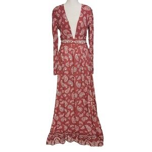 Majorelle Womens Paisley A Line Maxi Dress V Neck Long Sleeve Pink Size Small